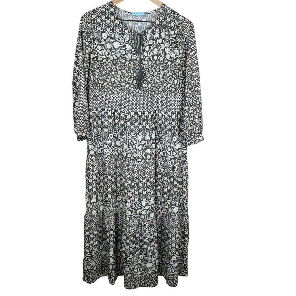 J. McLaughlin Dress‎ XS Hortense Black & White Midi Floral 3/4 Bishop Sleeves